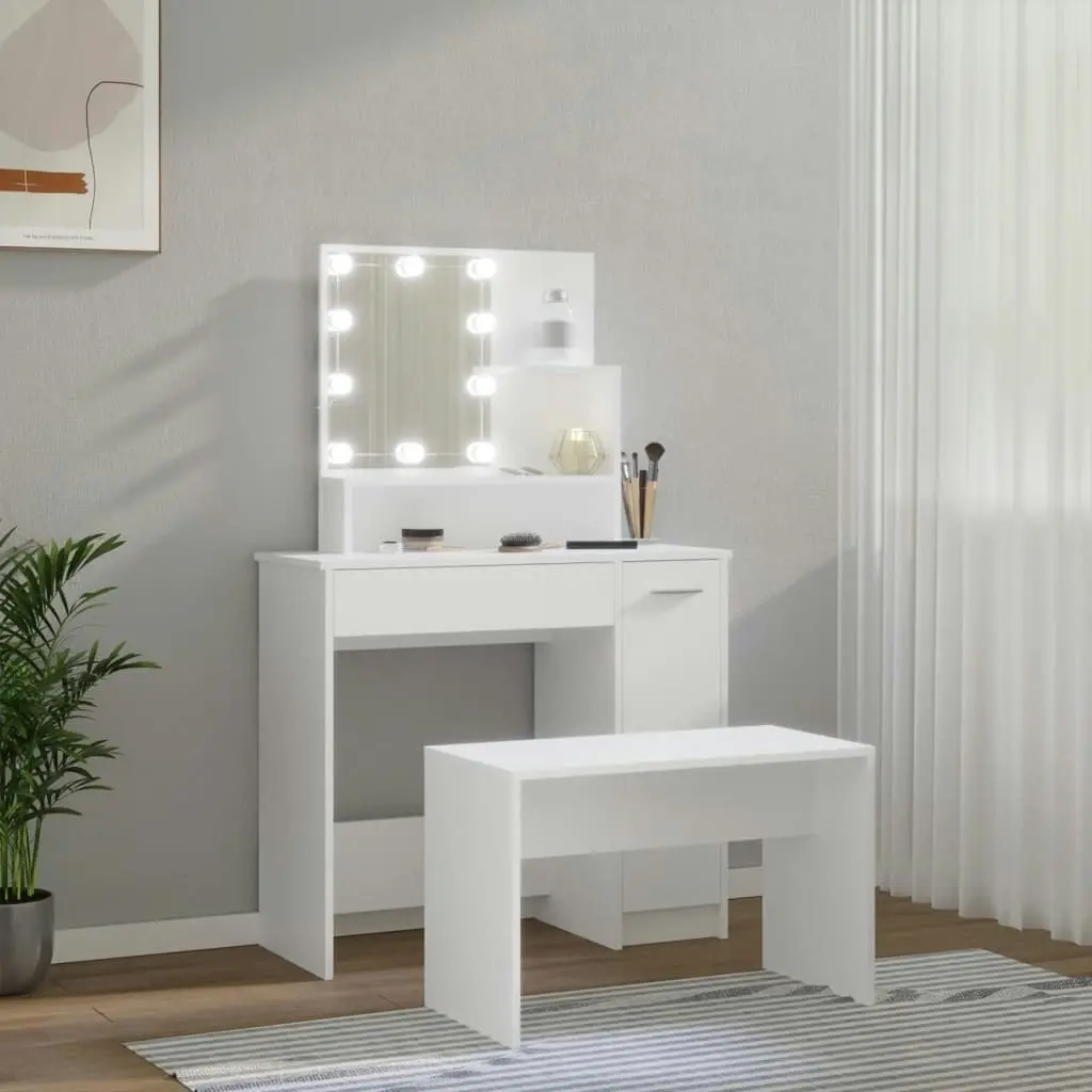 Dressing Table Set with LED White Engineered Wood 3114115