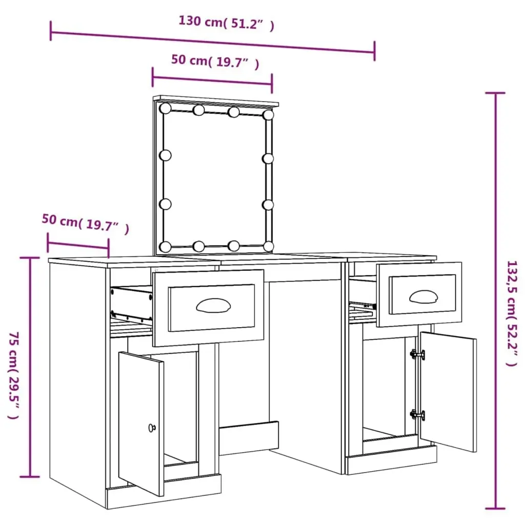 Dressing Table with LED High Gloss White 130x50x132.5 cm 3185345