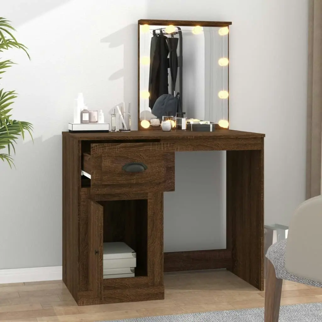 Dressing Table with LED Brown Oak 90x50x132.5 cm Engineered Wood 816775