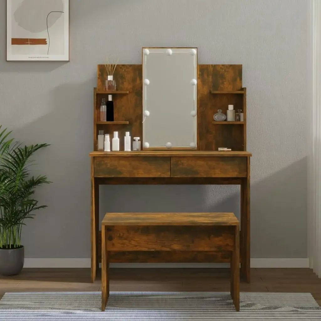 Dressing Table Set with LED Smoked Oak Engineered Wood 3114128