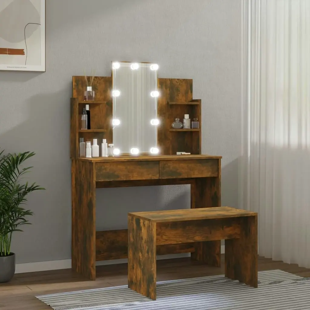 Dressing Table Set with LED Smoked Oak Engineered Wood 3114128