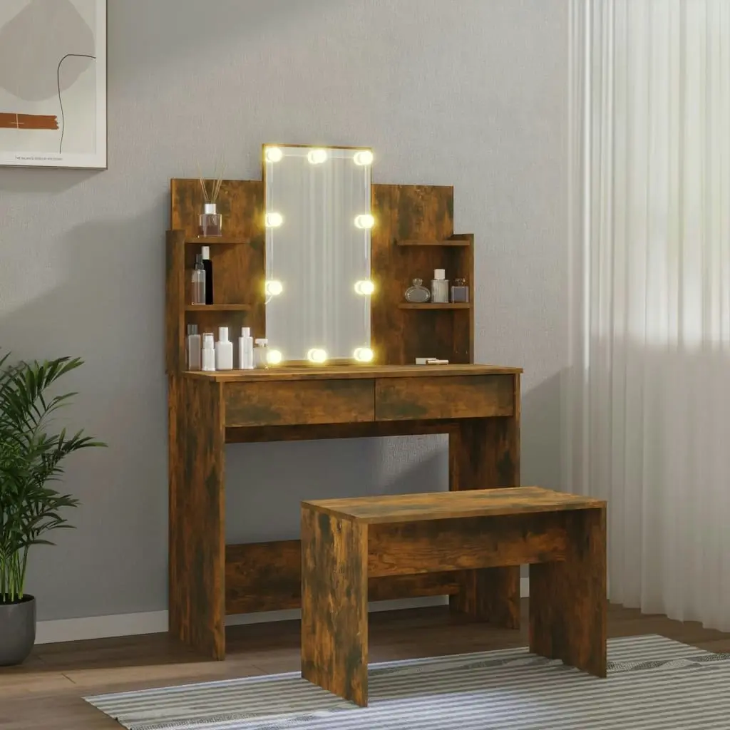 Dressing Table Set with LED Smoked Oak Engineered Wood 3114128