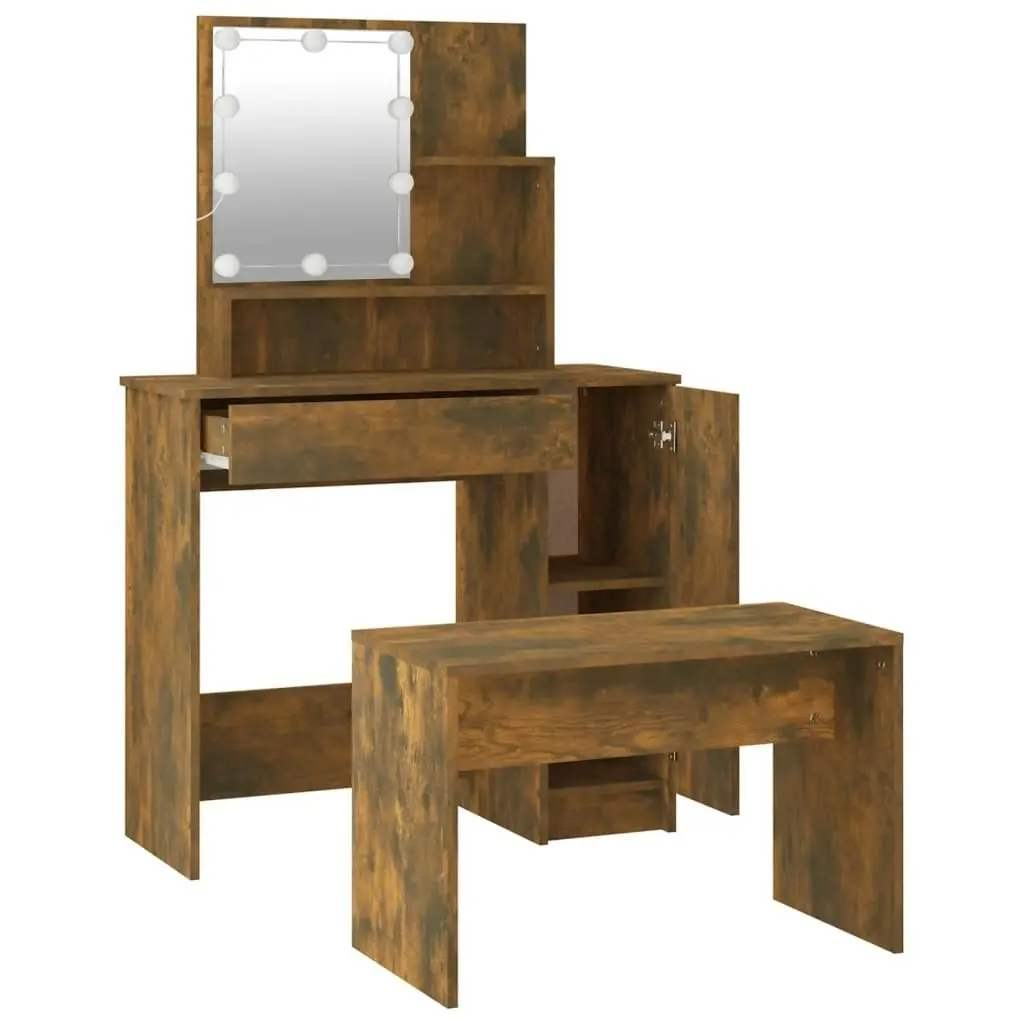 Dressing Table Set with LED Smoked Oak Engineered Wood 3114120