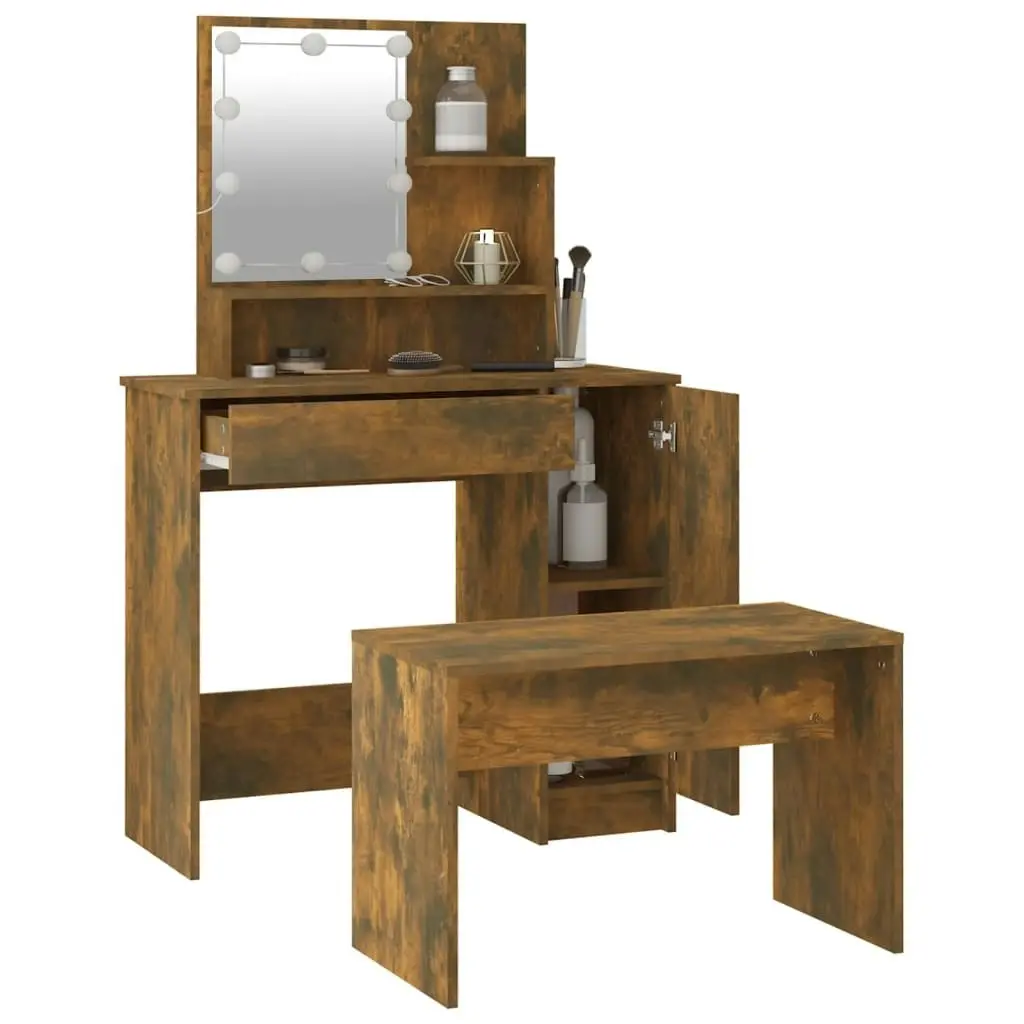 Dressing Table Set with LED Smoked Oak Engineered Wood 3114120