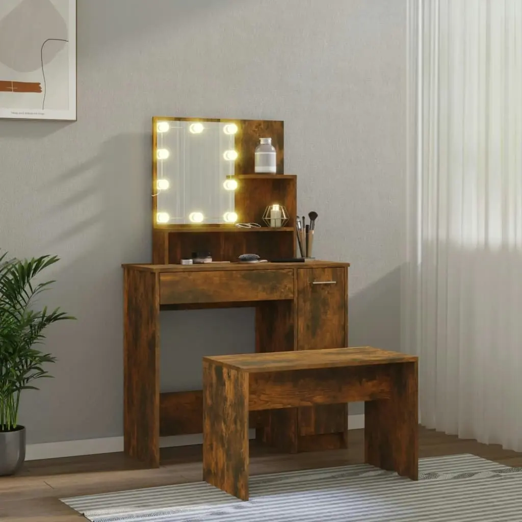 Dressing Table Set with LED Smoked Oak Engineered Wood 3114120