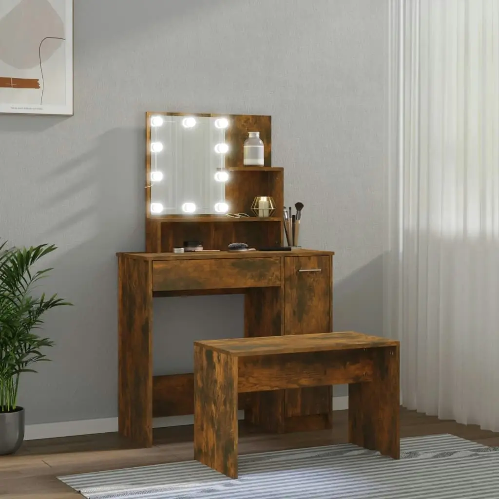 Dressing Table Set with LED Smoked Oak Engineered Wood 3114120