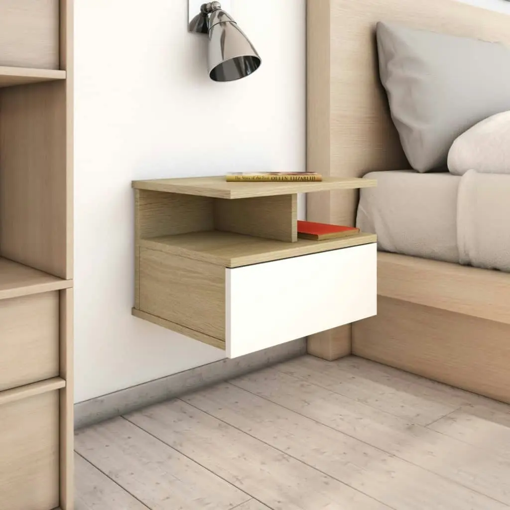 Floating Nightstands 2 pcs White and Sonoma Oak 40x31x27 cm Engineered Wood 800416