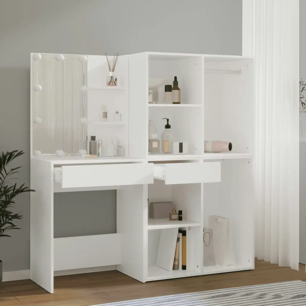 LED Dressing Table with 2 Cabinets White Engineered Wood 3082026