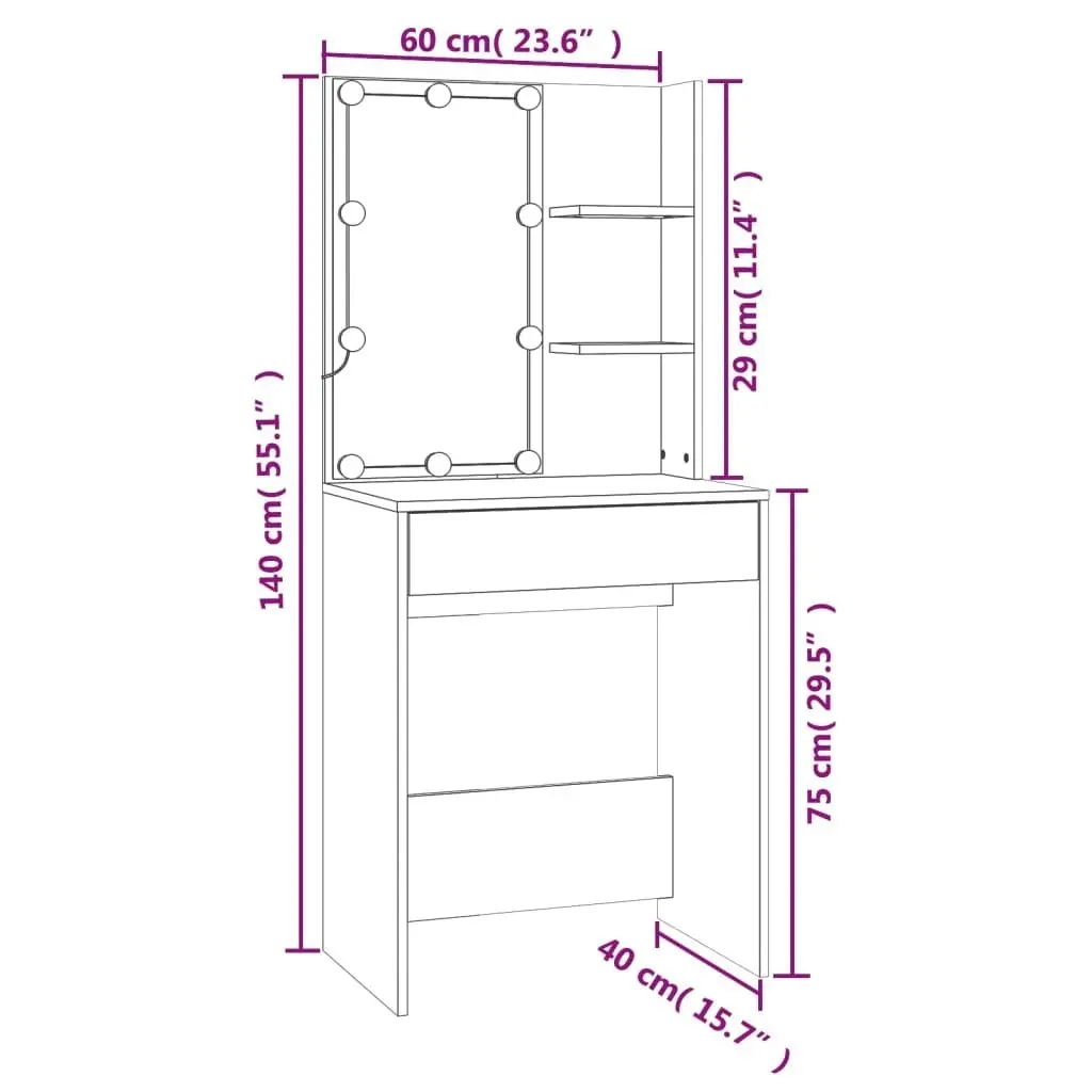 LED Dressing Table with 2 Cabinets White Engineered Wood 3082026