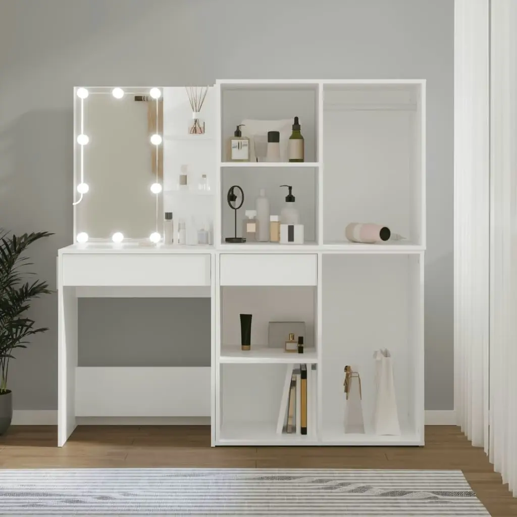 LED Dressing Table with 2 Cabinets White Engineered Wood 3082026