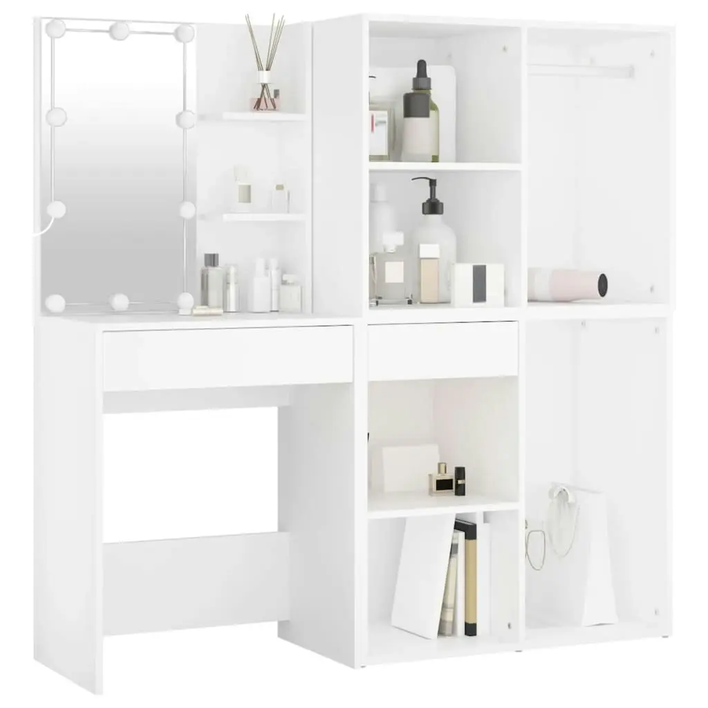 LED Dressing Table with 2 Cabinets White Engineered Wood 3082026