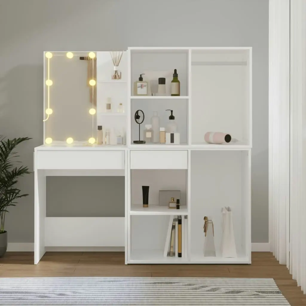 LED Dressing Table with 2 Cabinets White Engineered Wood 3082026