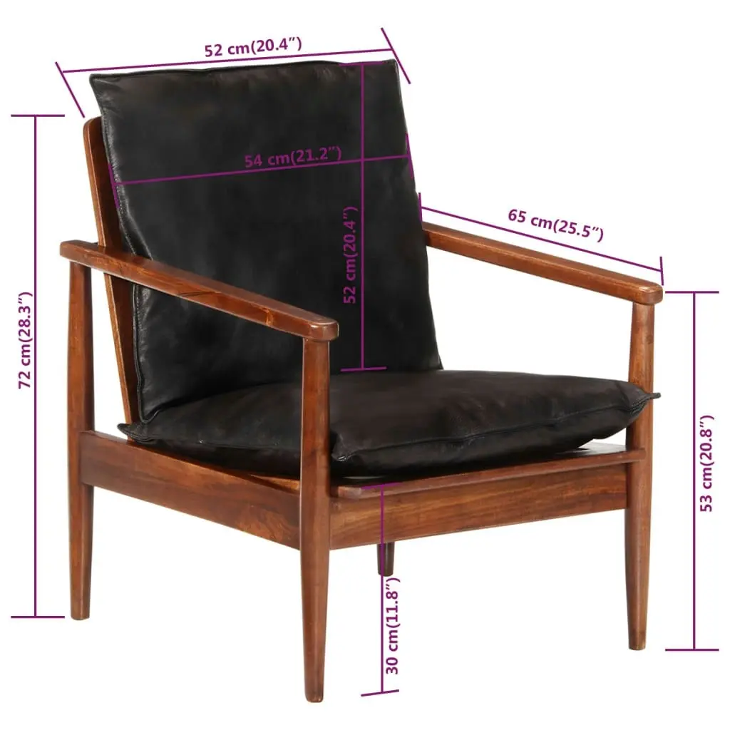 Armchair Black Real Leather and Solid Wood Acacia 340922