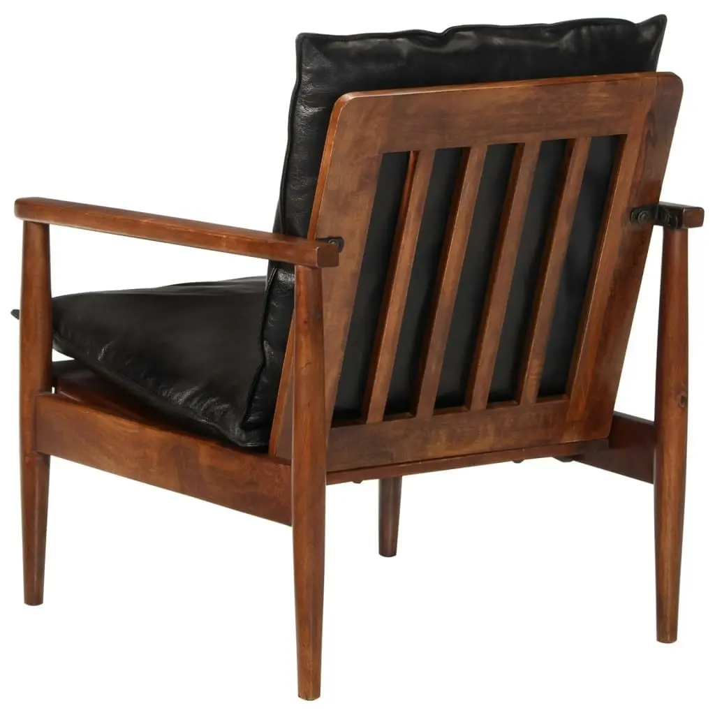 Armchair Black Real Leather and Solid Wood Acacia 340922