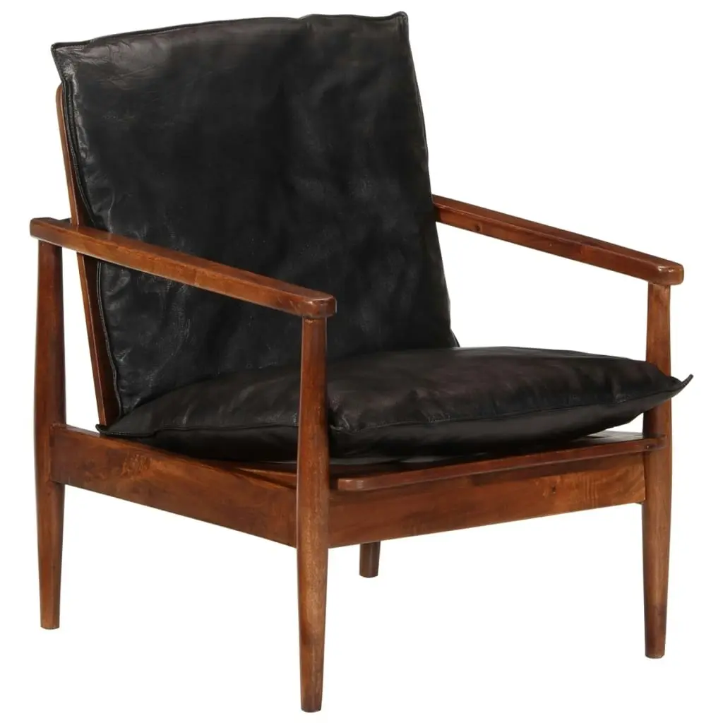 Armchair Black Real Leather and Solid Wood Acacia 340922