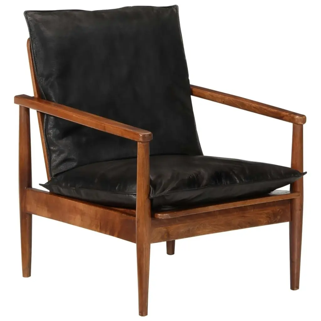 Armchair Black Real Leather and Solid Wood Acacia 340922