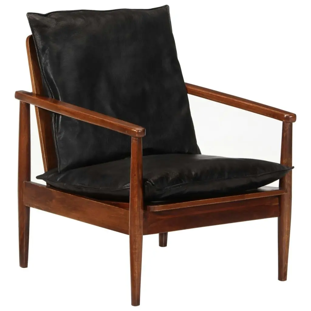 Armchair Black Real Leather and Solid Wood Acacia 340922