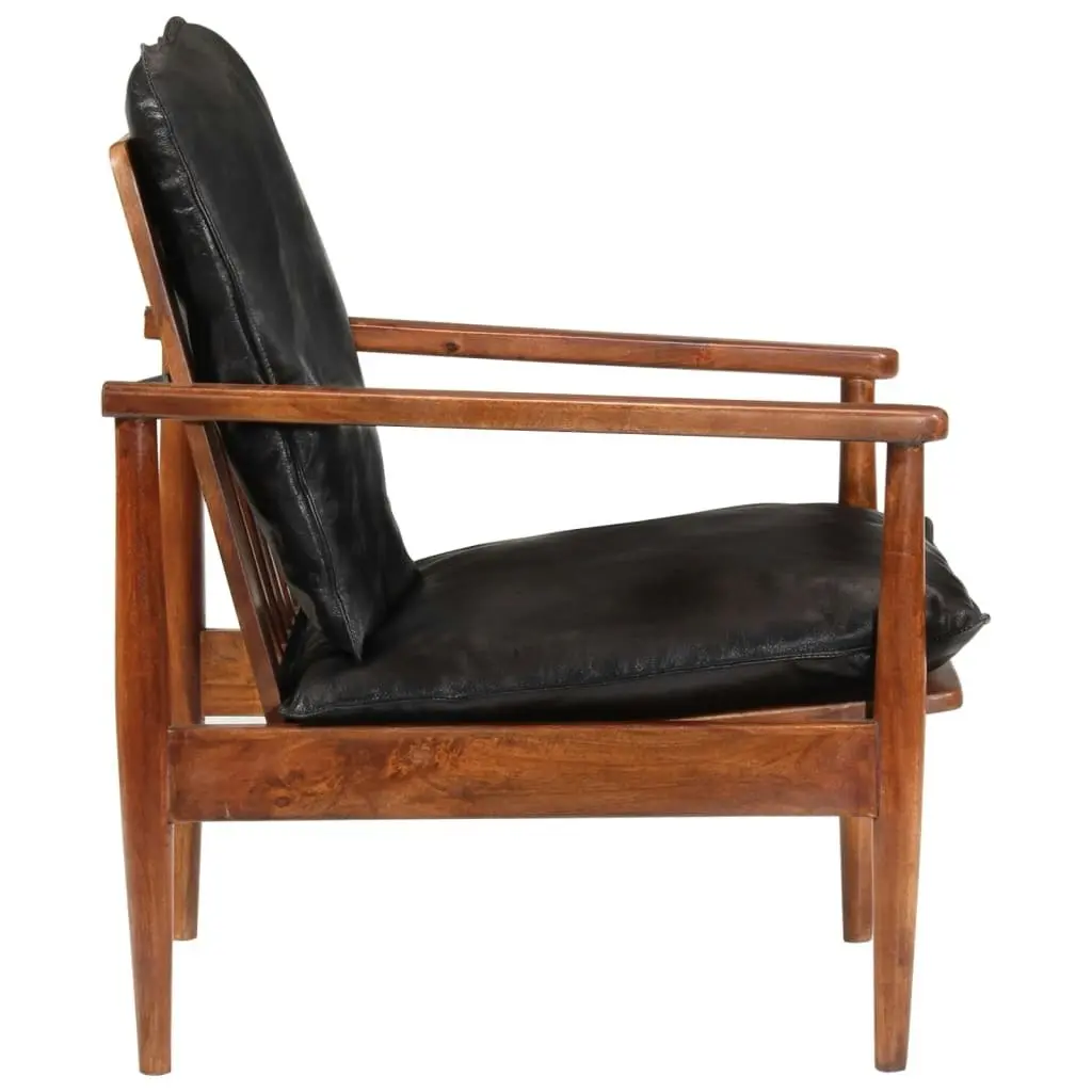 Armchair Black Real Leather and Solid Wood Acacia 340922