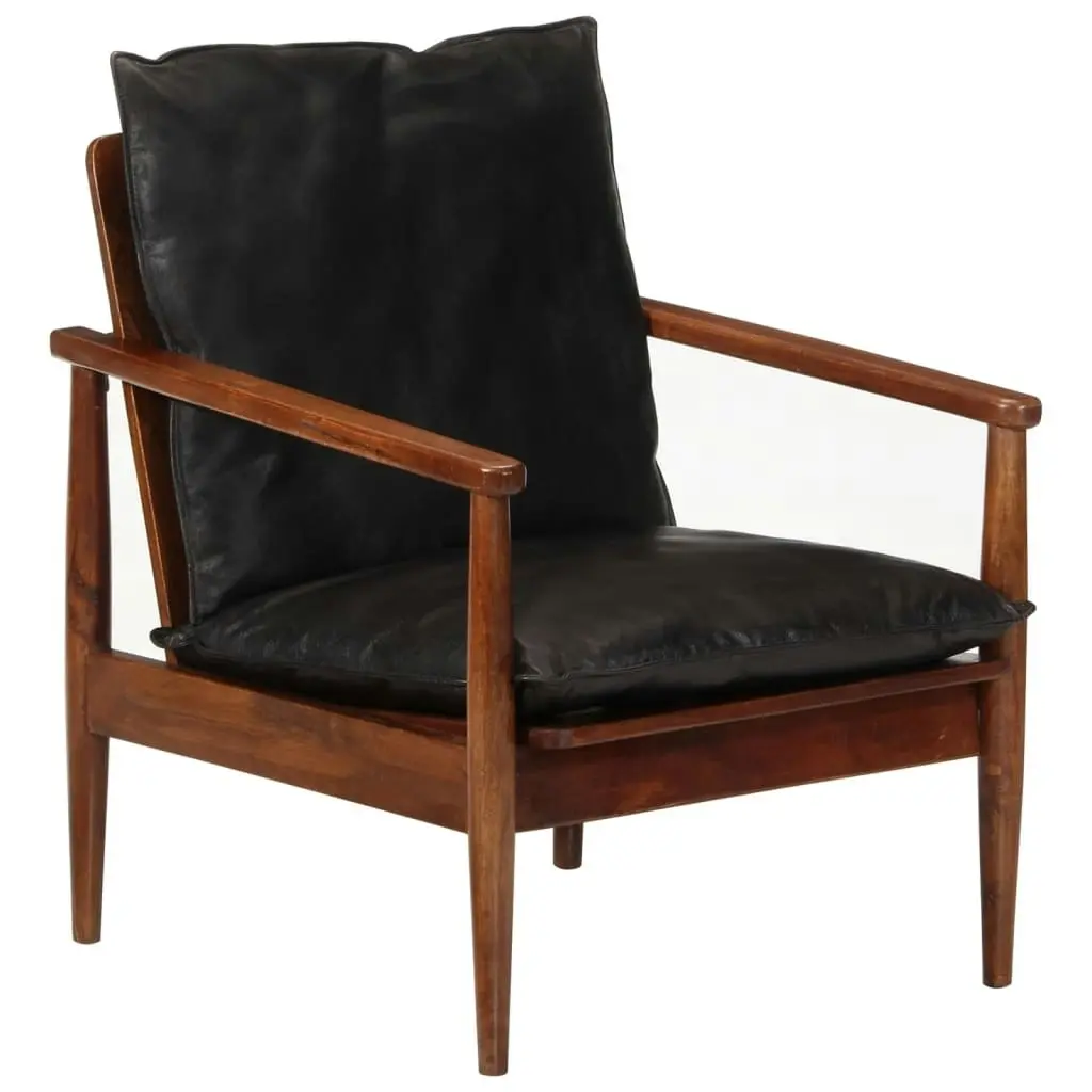 Armchair Black Real Leather and Solid Wood Acacia 340922