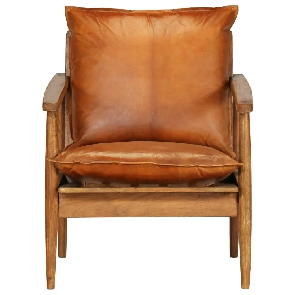 Armchair Brown Real Leather with Acacia Wood 246480