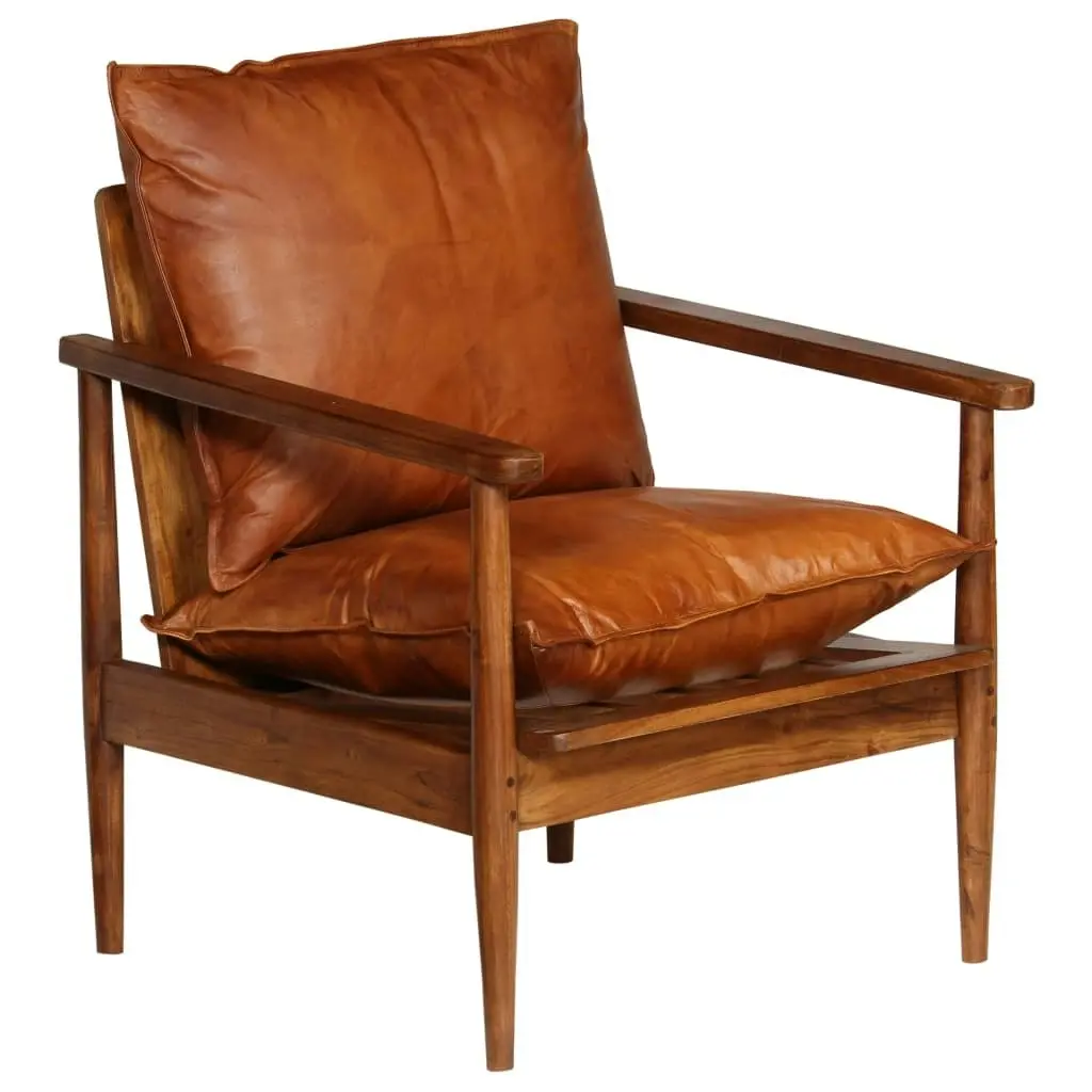 Armchair Brown Real Leather with Acacia Wood 246480