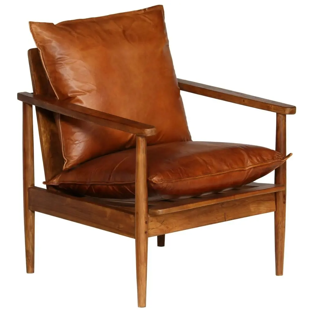 Armchair Brown Real Leather with Acacia Wood 246480