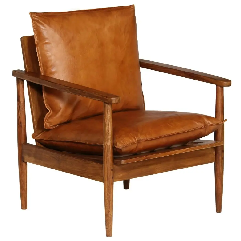 Armchair Brown Real Leather with Acacia Wood 246480