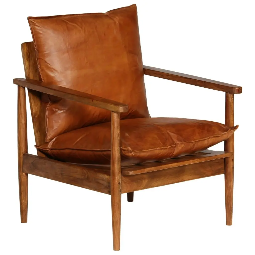 Armchair Brown Real Leather with Acacia Wood 246480