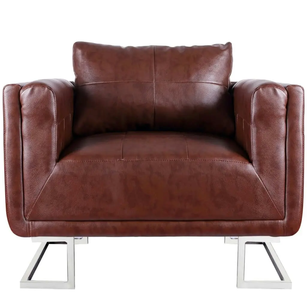 Cube Armchair with Chrome Feet Brown Faux Leather 240896