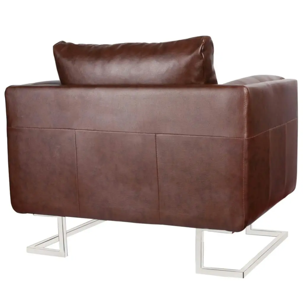 Cube Armchair with Chrome Feet Brown Faux Leather 240896