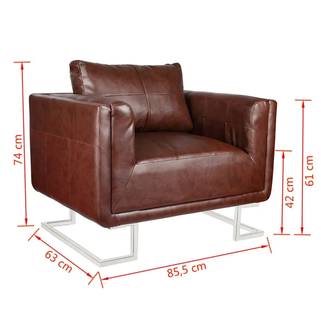 Cube Armchair with Chrome Feet Brown Faux Leather 240896