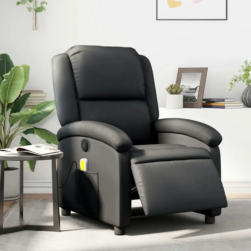 Electric Massage Recliner Chair Black Real Leather 3205477