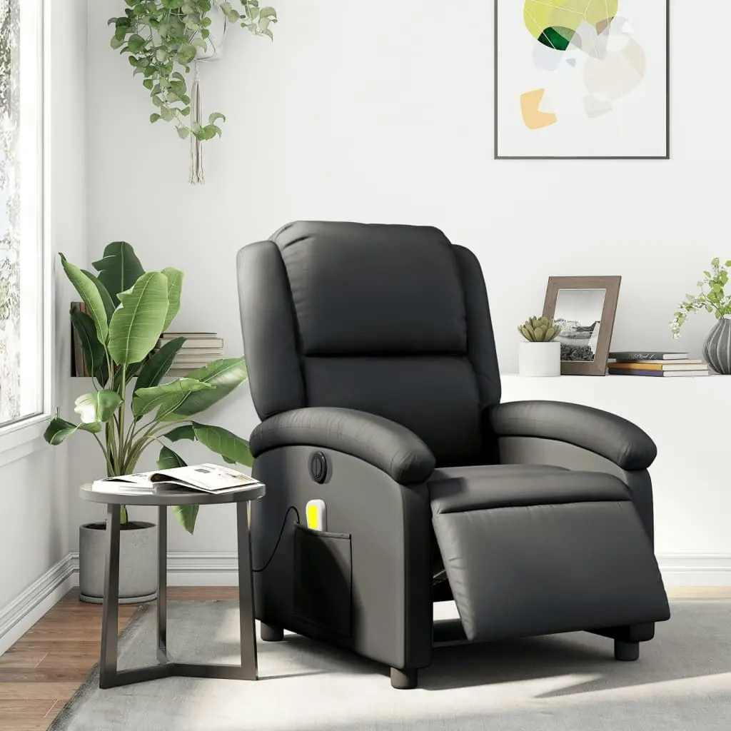 Electric Massage Recliner Chair Black Real Leather 3205477