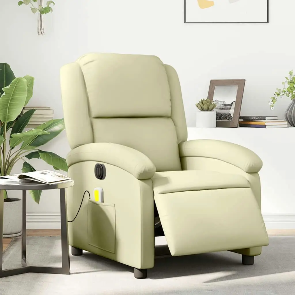 Electric Massage Recliner Chair Cream Real Leather 3205478