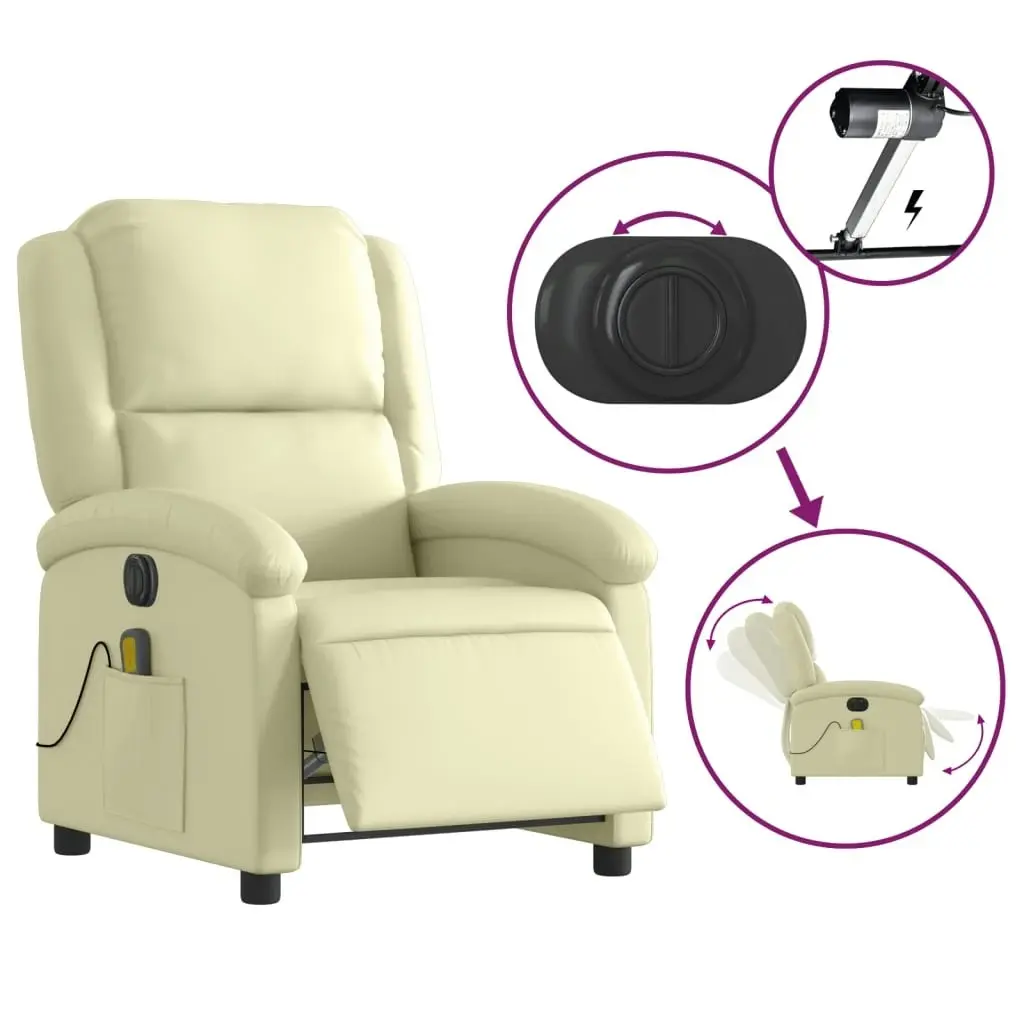 Electric Massage Recliner Chair Cream Real Leather 3205478