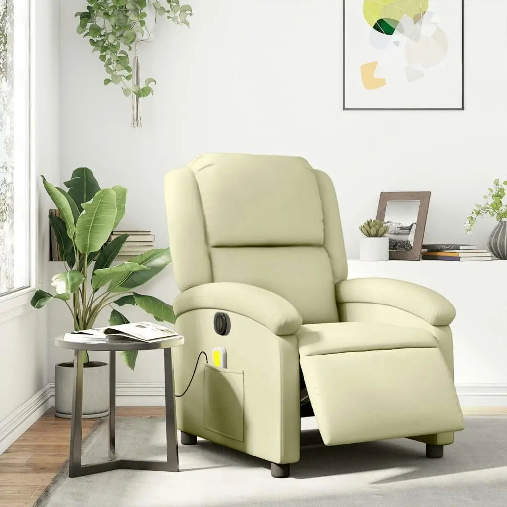 Electric Massage Recliner Chair Cream Real Leather 3205478