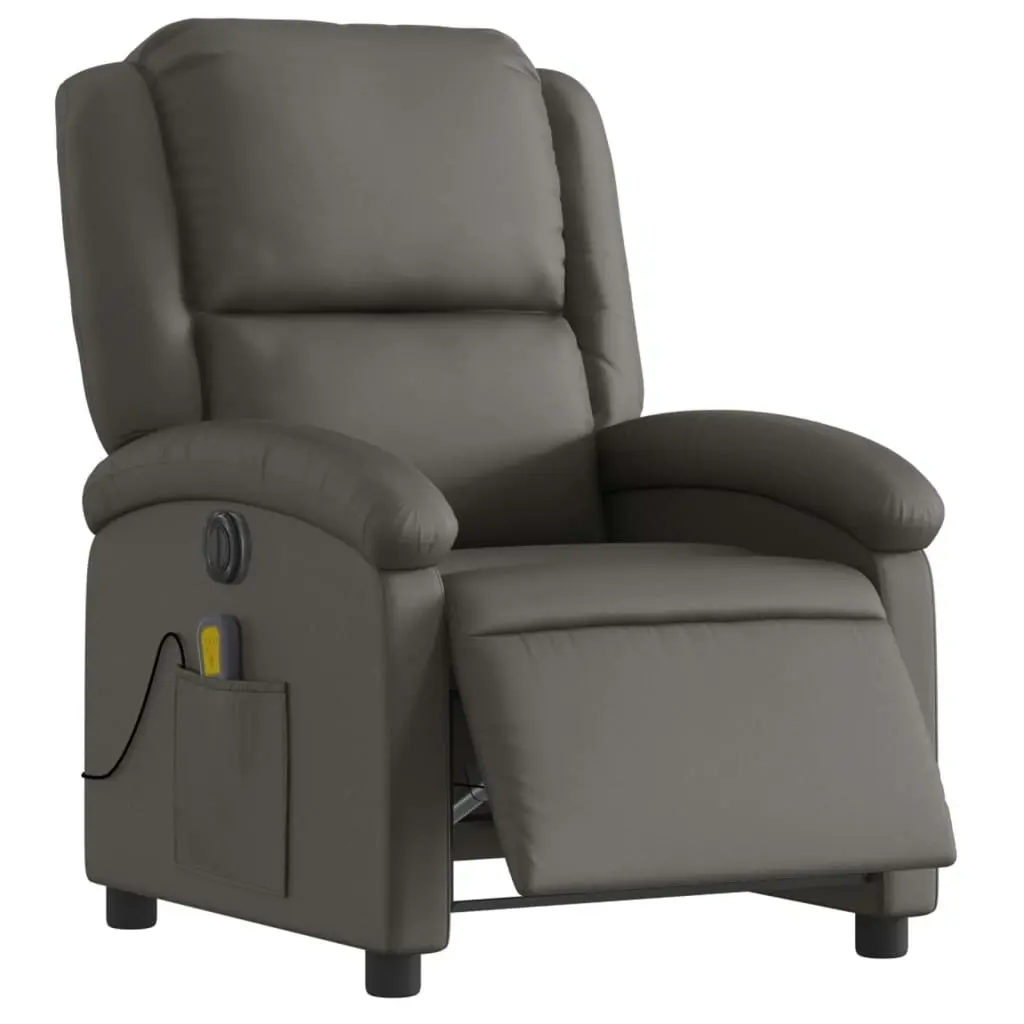 Electric Massage Recliner Chair Grey Real Leather 3205479