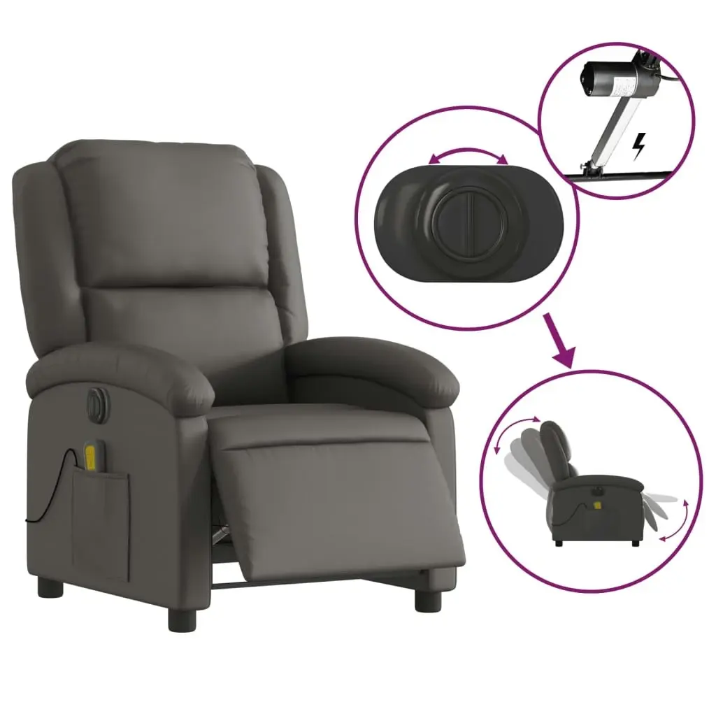 Electric Massage Recliner Chair Grey Real Leather 3205479