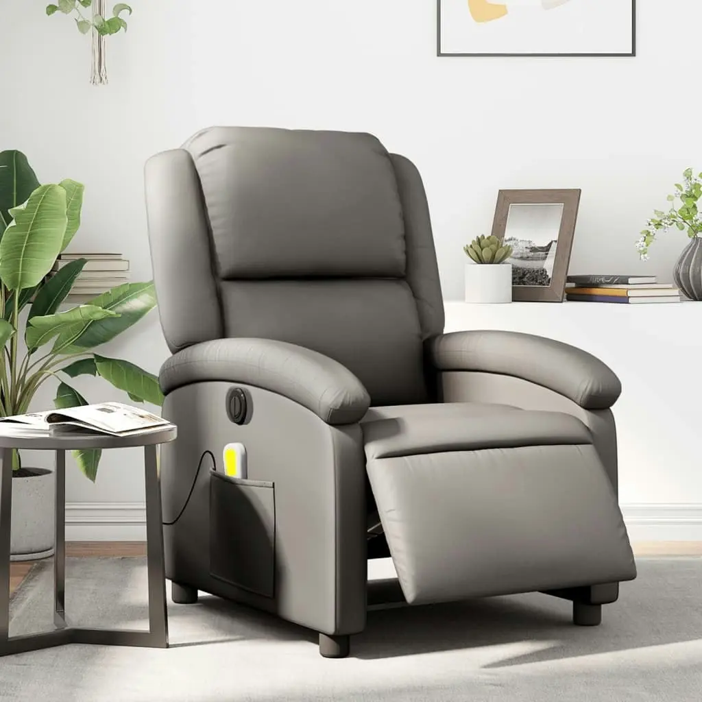 Electric Massage Recliner Chair Grey Real Leather 3205479