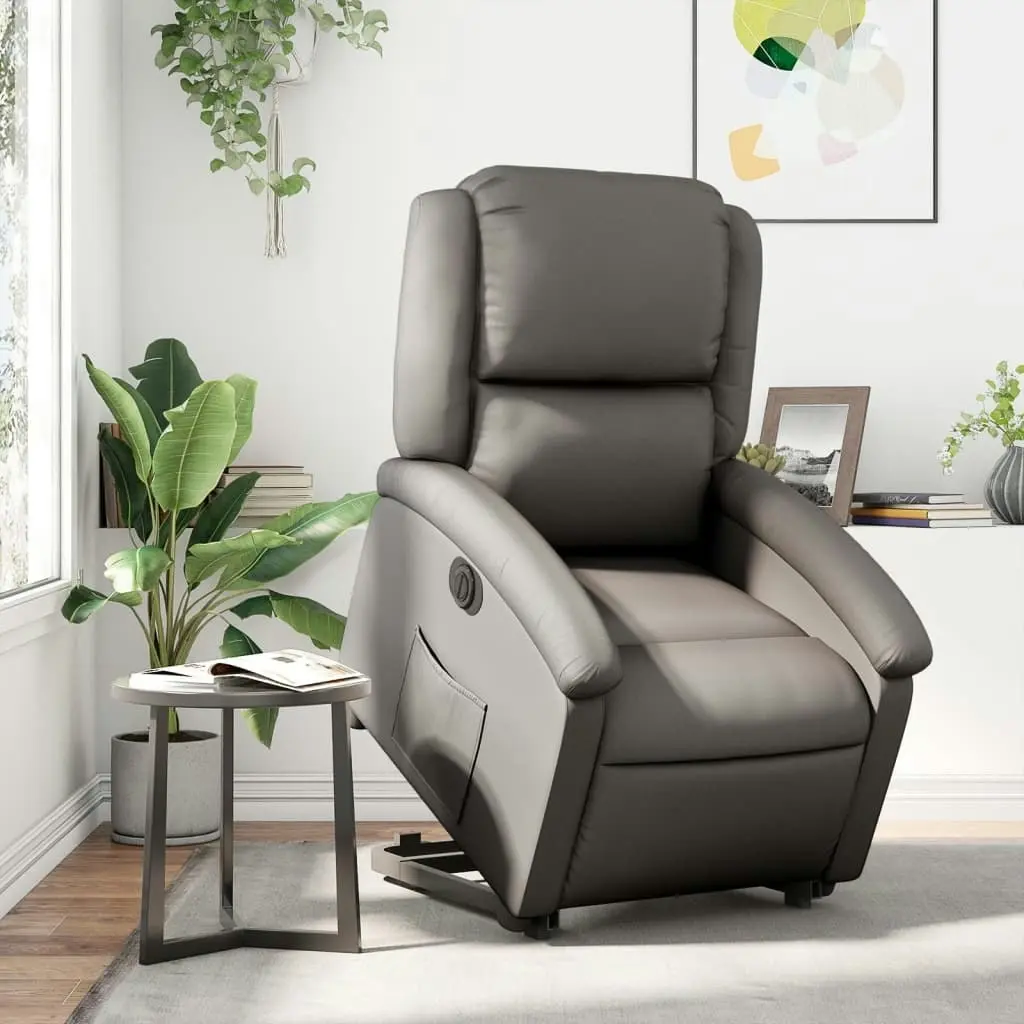 Electric Stand up Recliner Chair Grey Real Leather 3205488