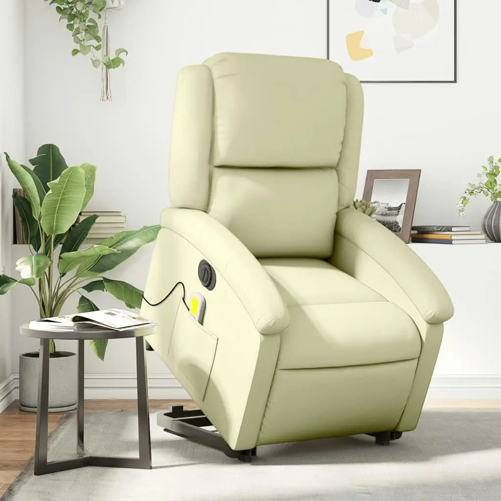 Electric Stand up Massage Recliner Chair Cream Real Leather 3205490