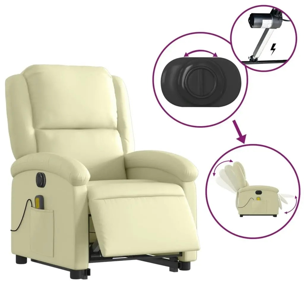 Electric Stand up Massage Recliner Chair Cream Real Leather 3205490