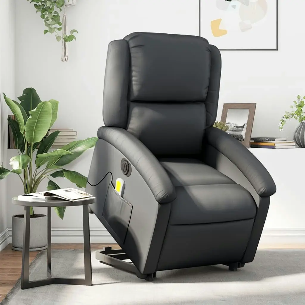 Electric Stand up Massage Recliner Chair Black Real Leather 3205489