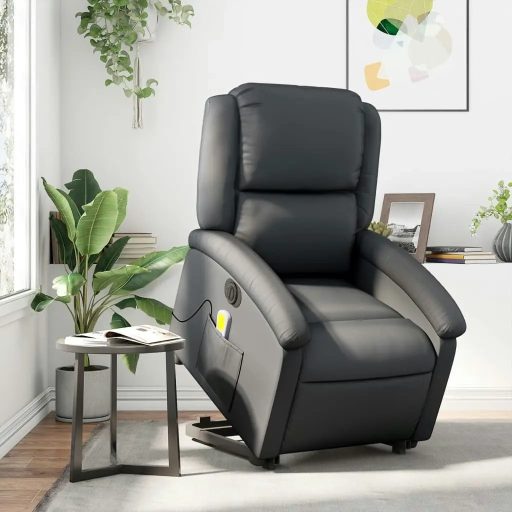 Electric Stand up Massage Recliner Chair Black Real Leather 3205489