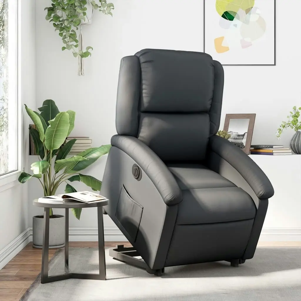 Electric Stand up Recliner Chair Black Real Leather 3205486