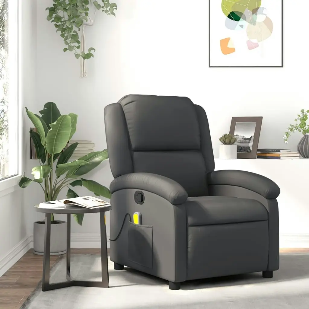 Massage Recliner Chair Grey Real Leather 3205473