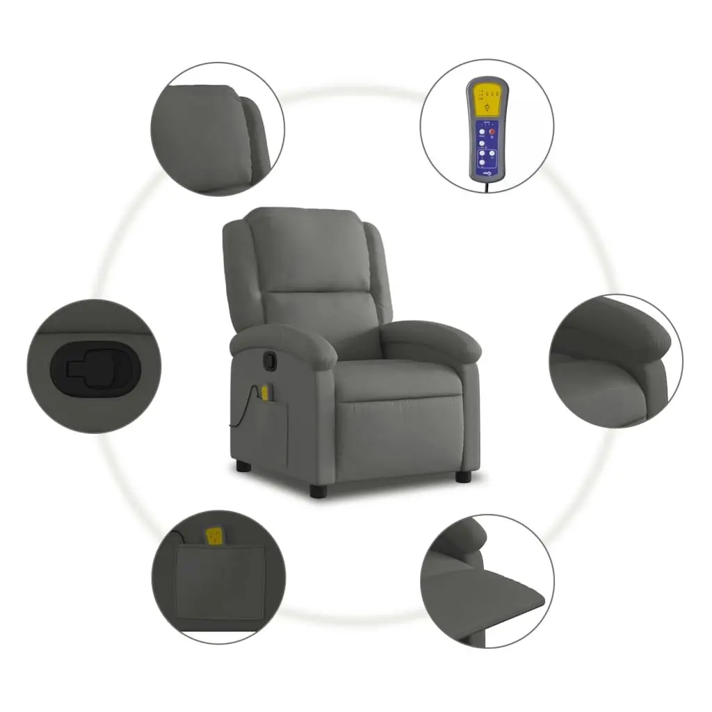 Massage Recliner Chair Grey Real Leather 3205473