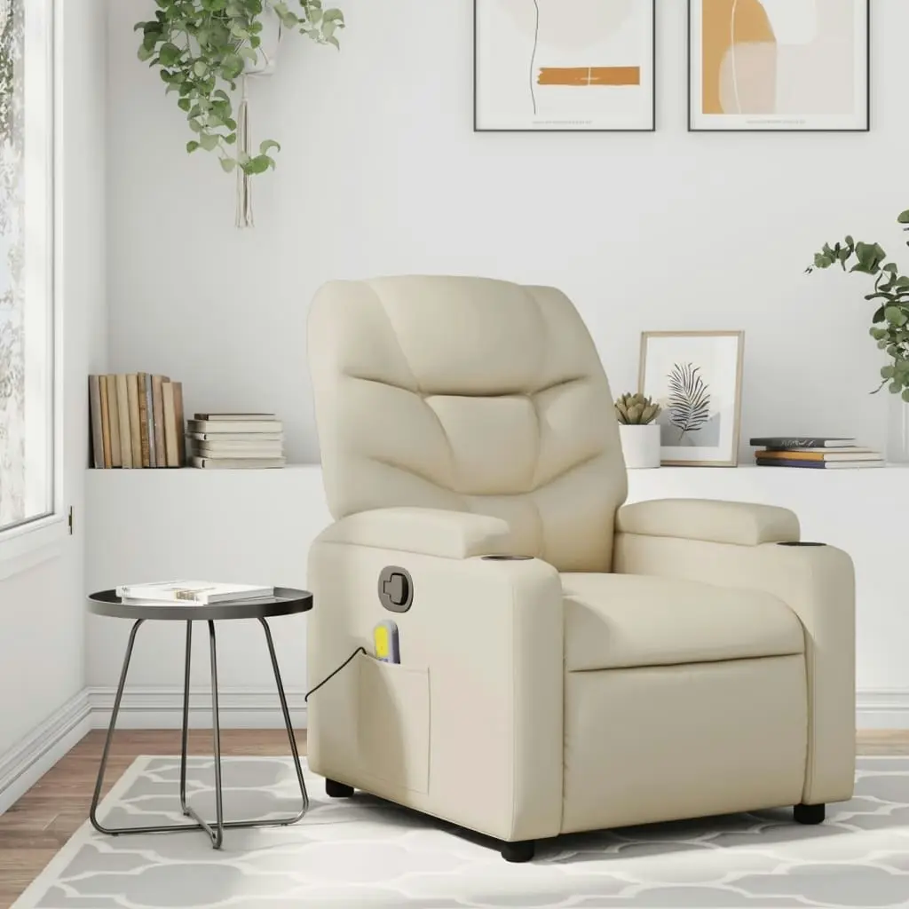 Massage Recliner Chair Cream Faux Leather 372473