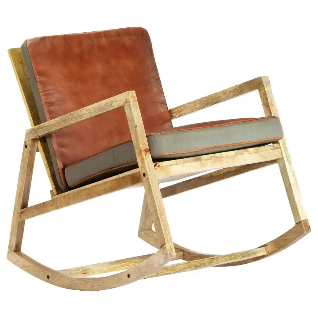 Rocking Chair Brown Real Leather and Solid Mango Wood 282906