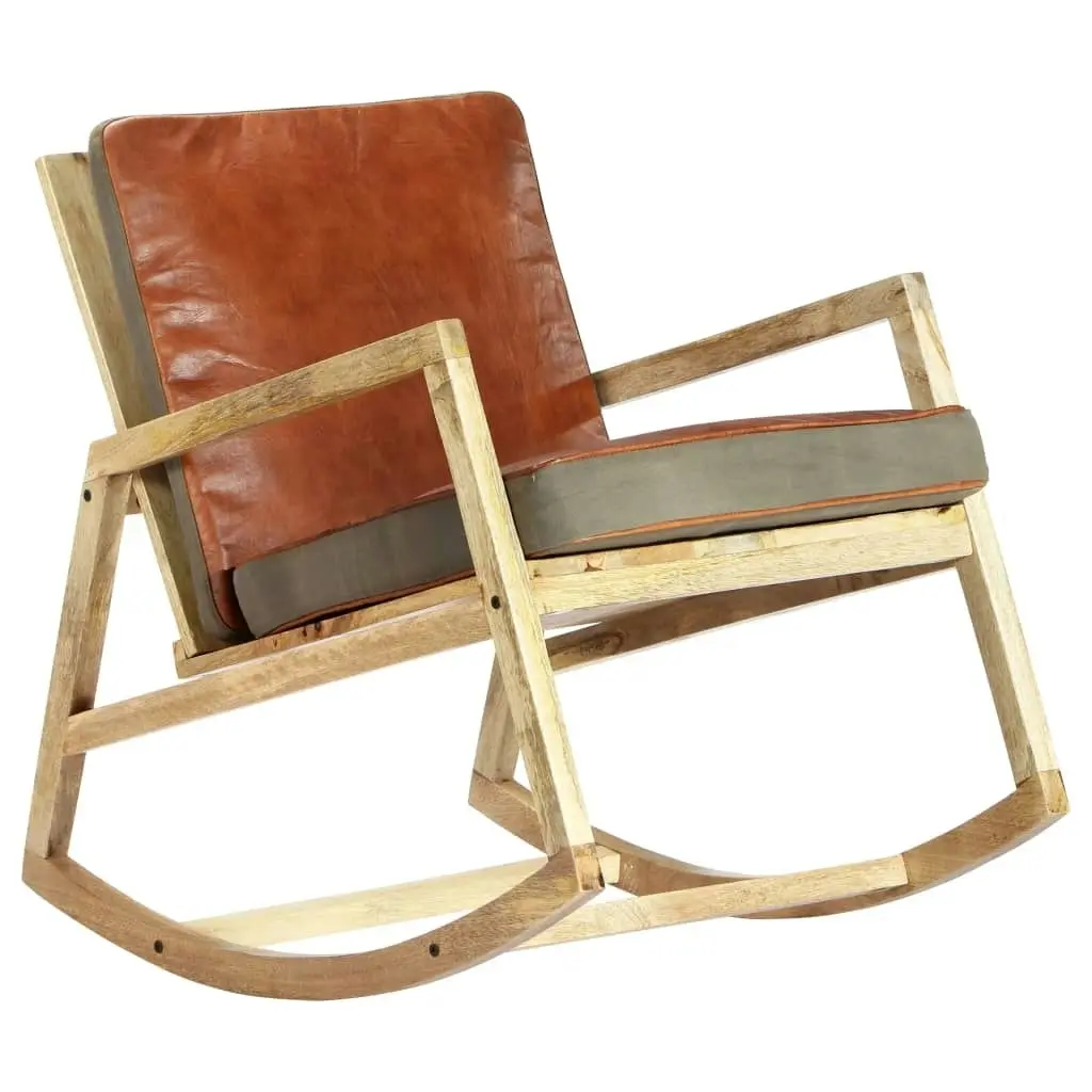 Rocking Chair Brown Real Leather and Solid Mango Wood 282906